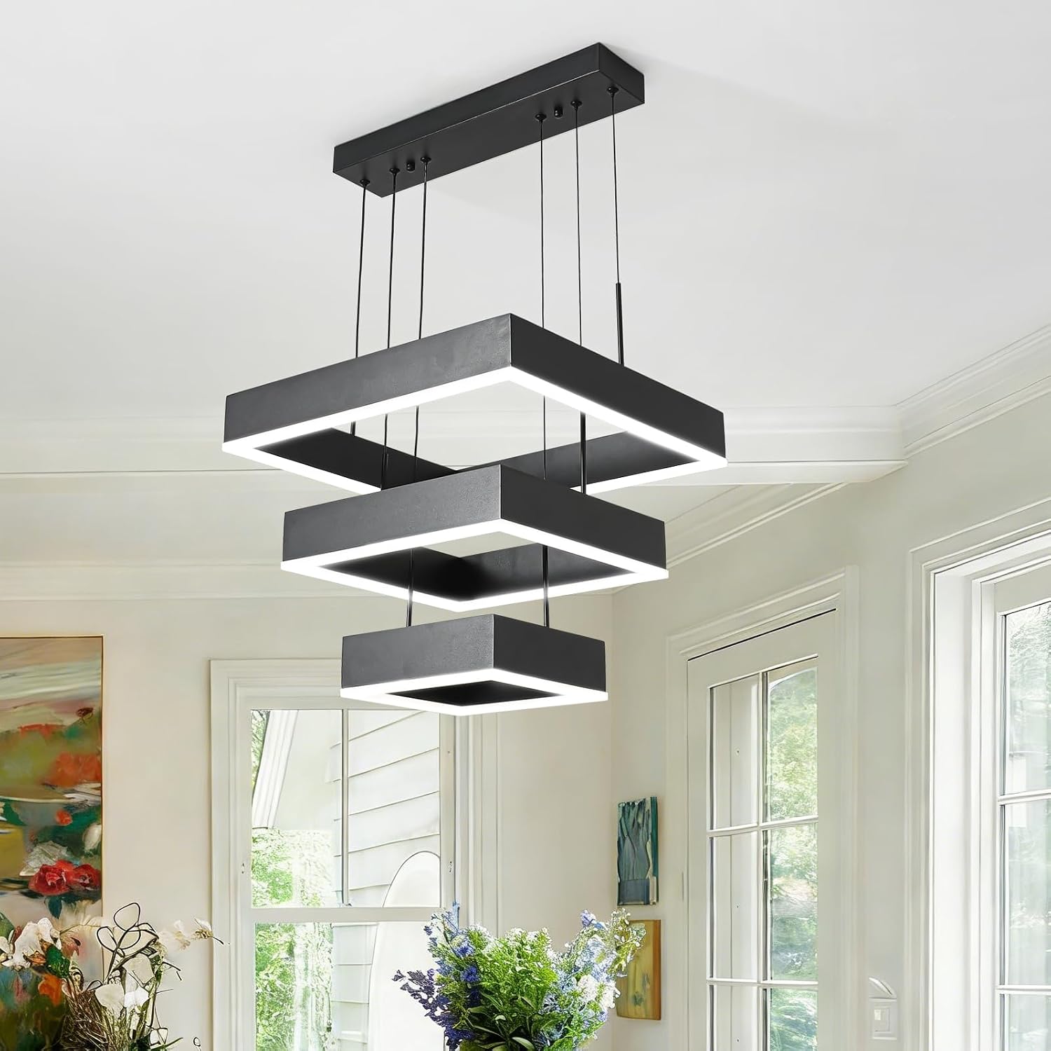 O'NEELDY Modern Chandelier 58W LED Black Pendant Light Embedded Mount Square Rings LED Chandeliers Dining Room Light Fixtures for Kitchen Bedroom, 6000K