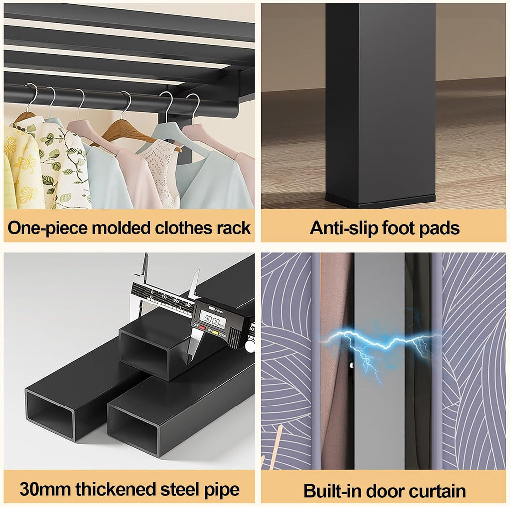 Foldable Portable Closet Wardrobe Metal Garment Racks Clothe Rack With Cover 2000Ibs Clothing Rack For Hanging Clothes Freestanding Armoire Storage(A,127cm/50inch)