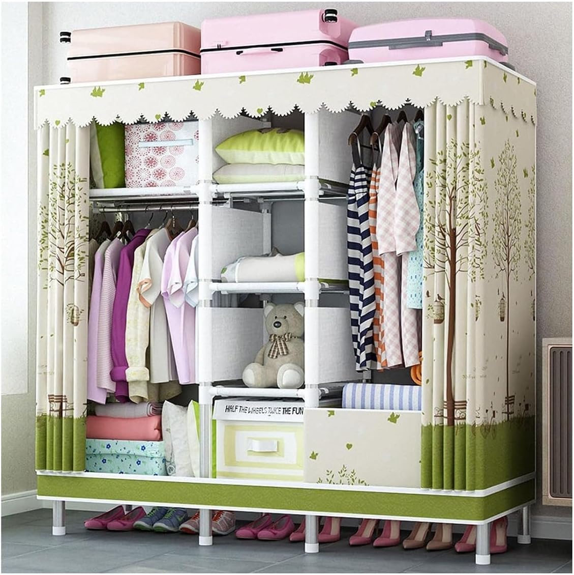 Metal Garment Rack Covered Clothes Rack with 2 Hanging Rods and Shelves Free Standing Closet Wardrobe with Fabric Cover for Bedroom (Color : Green, Size : 145x45x172cm)