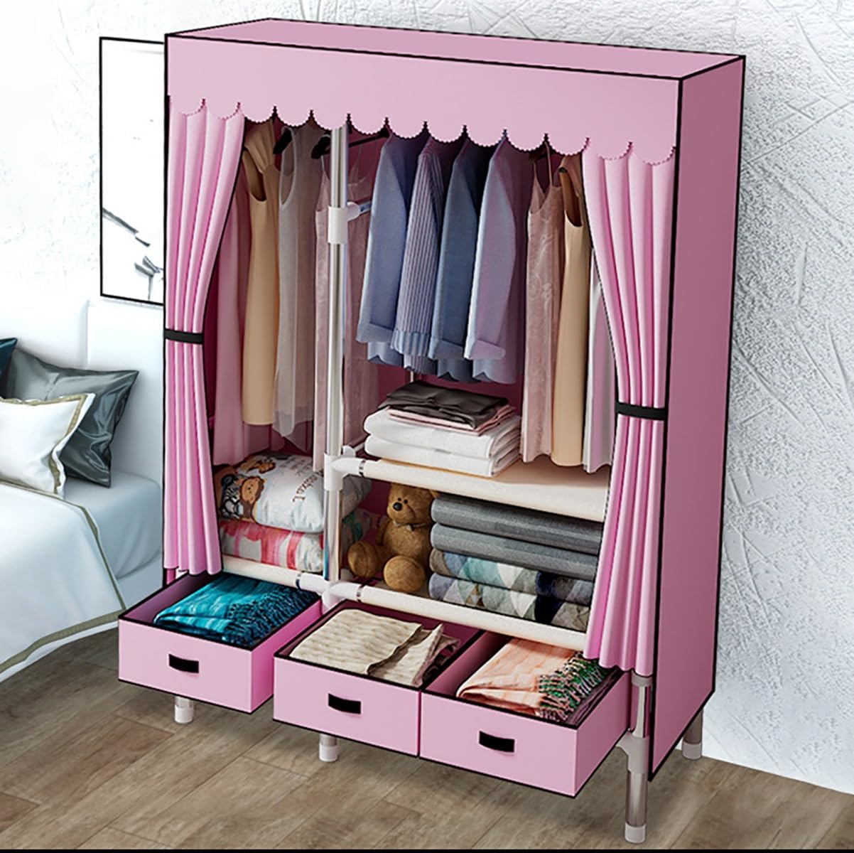 Garment Rack Heavy Duty Clothes Rack with Cover Freestanding Metal Clothing Rack Portable Closet Wardrobe with 2 Hanging