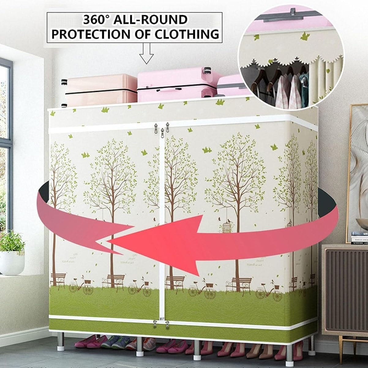 Metal Garment Rack Covered Clothes Rack with 2 Hanging Rods and Shelves Free Standing Closet Wardrobe with Fabric Cover for Bedroom (Color : Green, Size : 160x45x172cm)