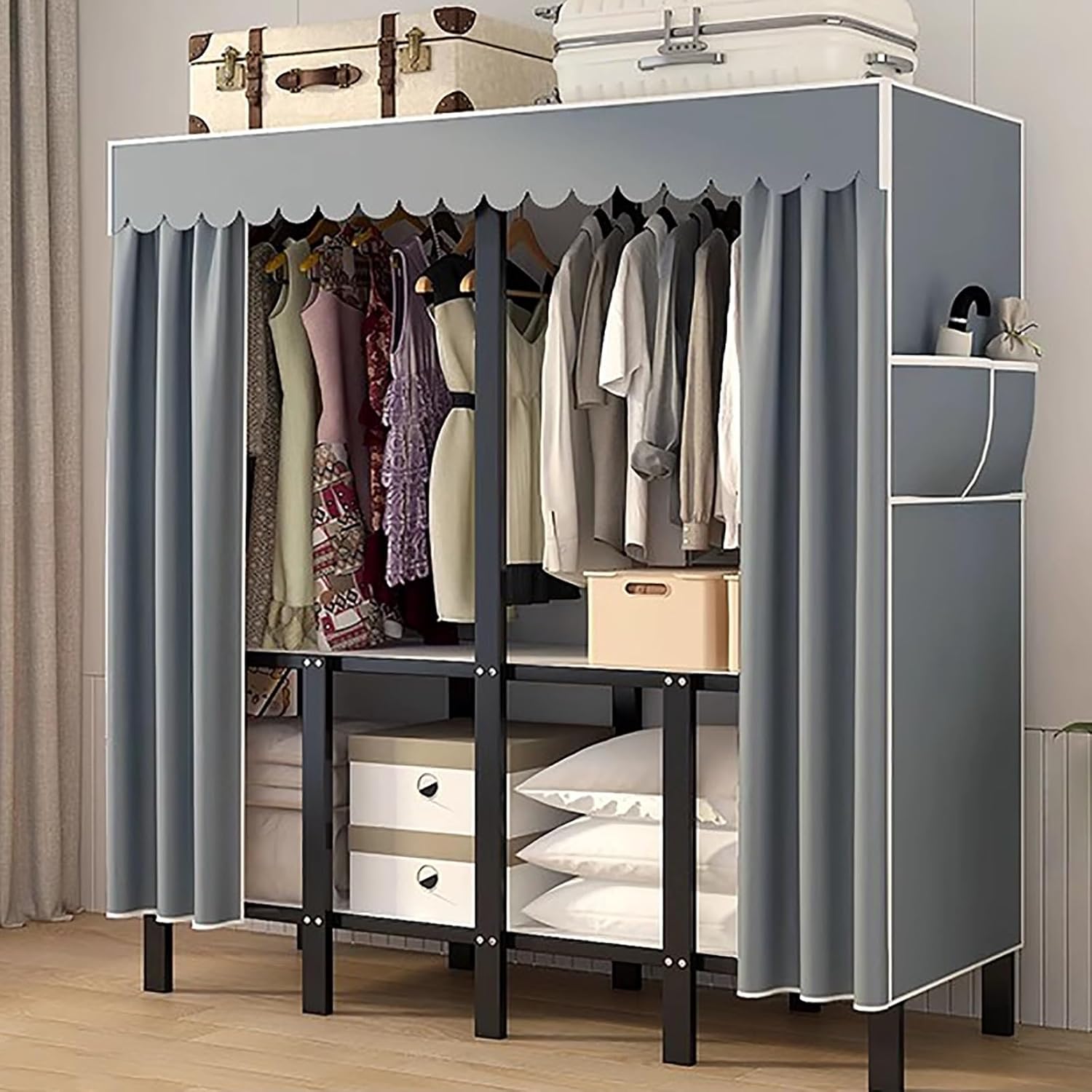 Portable Wardrobe Closet, Folding Garment Rack, Storage Organizer with Side Pockets for Bedroom, 30mm Thick Steel Hanging Rack with Cover(B,130 * 45 * 170cm)