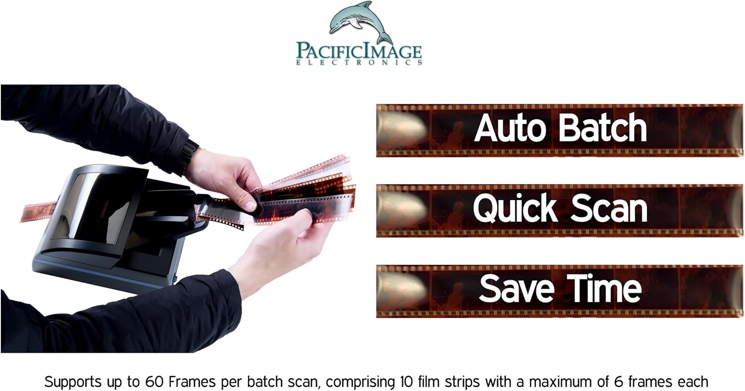 Pacific Image PowerFilm Plus 35mm Film Scanner. Auto Batch scan Negative/Positive Filmstrips. Up to 10 Film Strips/Maximum 60 Frames in One Batch. 24 MegaPixel/True Color. Mac/Pc.
