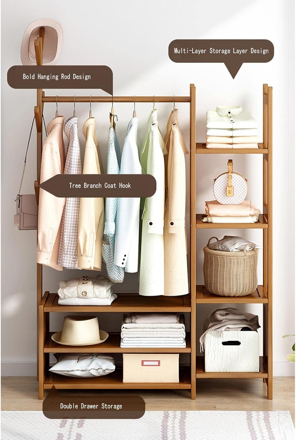Bamboo Clothes Rack with 2 Storage Shelves and 6 Hooks Portable Extra Large Garment Rack for Bedroom and Living Room Freestanding Clothes Hanger Stand 50x37x146cm