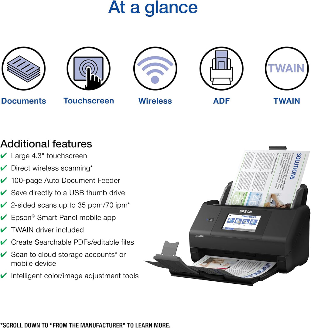 Epson Workforce ES-580W Wireless Color Duplex Desktop Document Scanner for Computers Including PC and Mac with 100 Sheet ADF Auto Feeder and Intuitive 4.3 in Touchscreen, Black