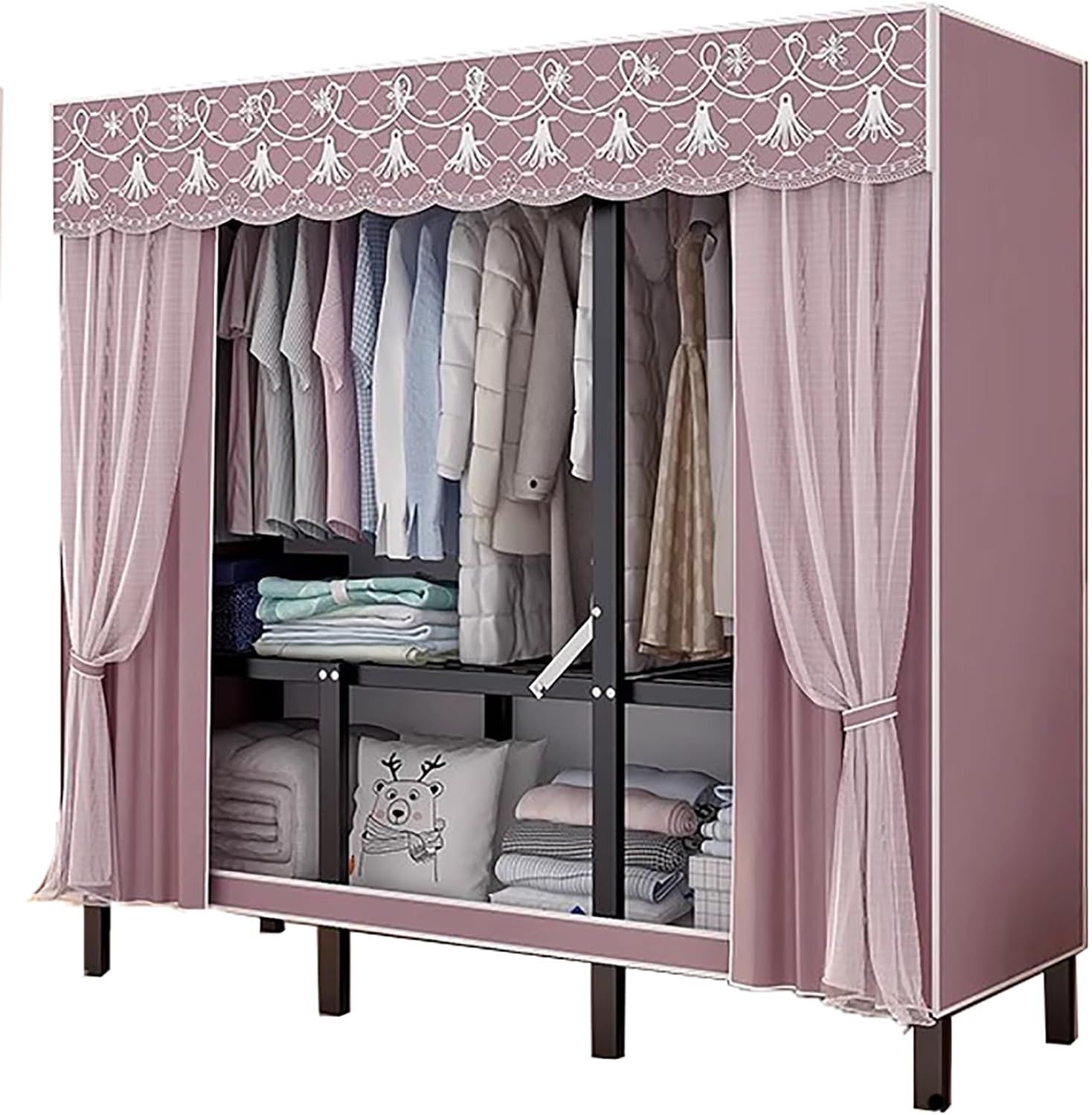 Portable Foldable Wardrobe Closet, Garment Rack with Cover for Hanging Clothes, Clothes Rack with Storage Basket, Clothes Storage Box, Thickened Steel Tube(Pink,78.7x67in/200x67in)