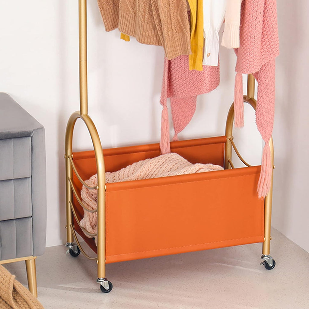 Heavy Duty Coat Rack, Garment Rack Gold Metal Clothing Rack for Hanging Clothes with 7 Hooks, Freestanding Rolling Coat Rack with PU Storage Basket, Clothes Organizer Storage On Wheels