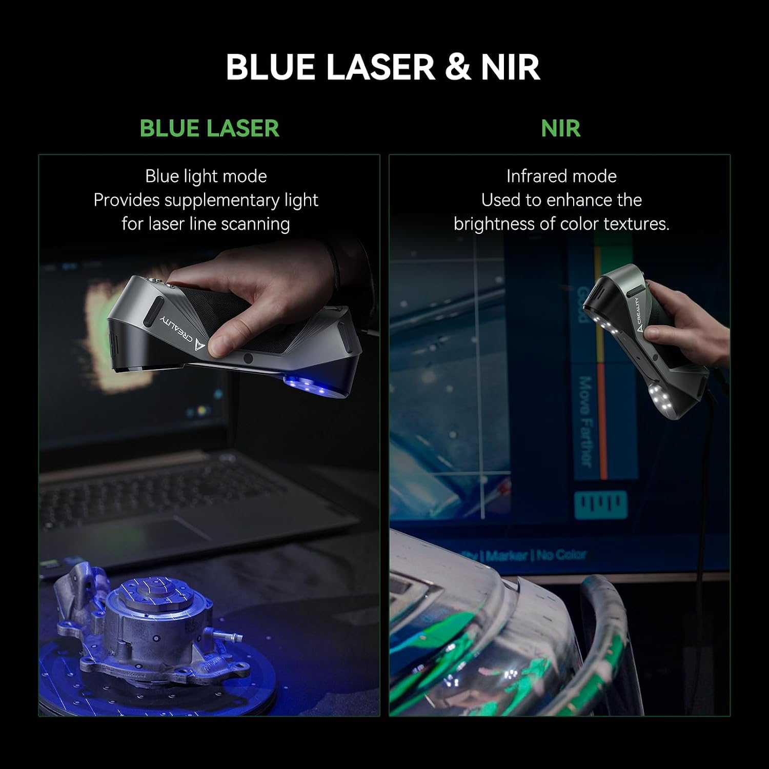 Creality CR-Scan Raptor 3D Scanner, 60fps Blue Laser & NIR, 0.02mm Accuracy, 24-Bit Color, Scans 5-2000mm Objects, Anti-Shake Tracking for Windows macOS