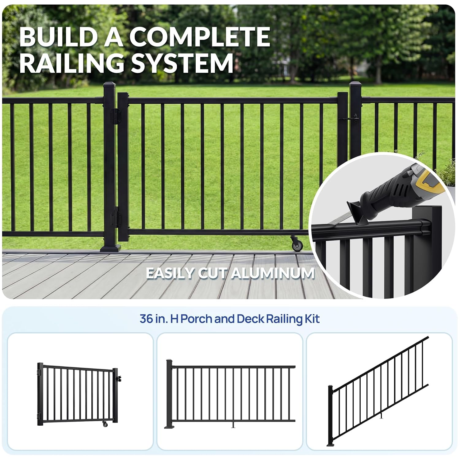 Egadis 35in. H x 5ft. W Aluminum Deck Gate Kit with Caster, Hinges & Lock — Cuttable AAMA2604 Black Textured Powder-Coated Outdoor Fence Gate for Decks, Patios, Backyards, Porches