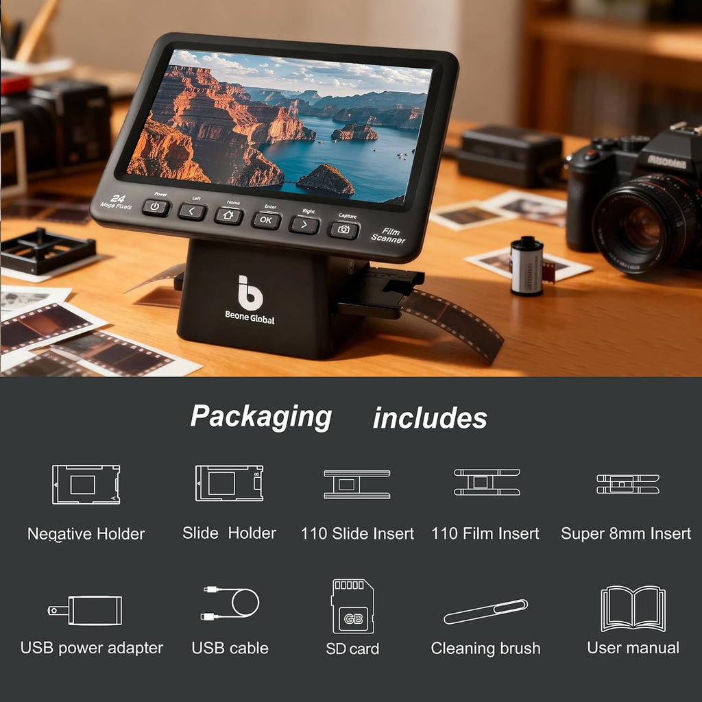 BEONEGLOBAL ClearScan P7 Film Scanner, 7' LCD 24MP Slide & Negative Scanner for 35mm/110/126/Super 8/8mm Film, Converts Old Slides and Negatives to JPEG, No Computer Needed, SD Card Included