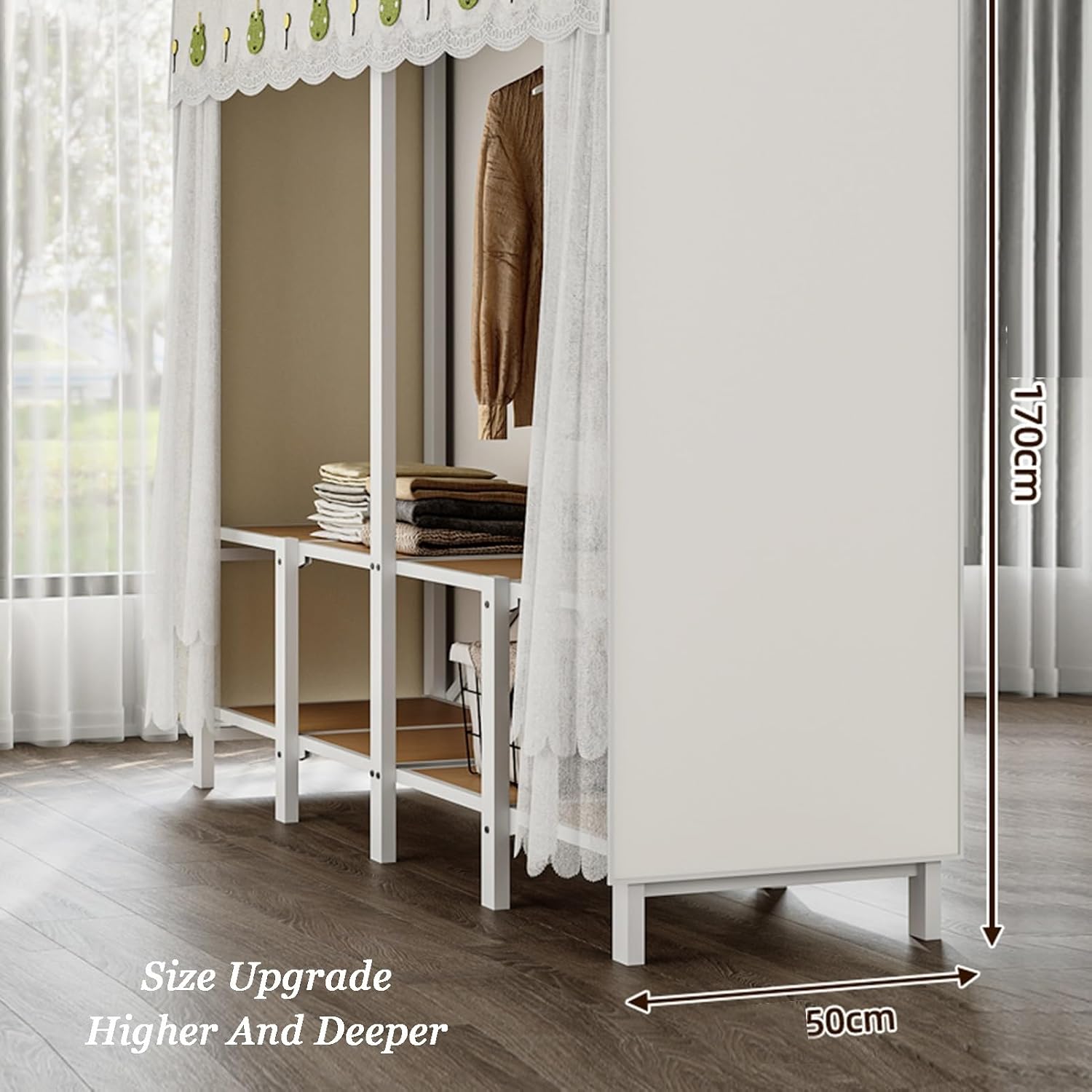 Portable Closet Wardrobe,Freestanding Coat Storage Garment Racks,Spacious Steel Tube Clothes Storage Organizer,for Bedroom Free Standing Clothes Rack with Cover(Color 2,126 X 50 X 172cm)