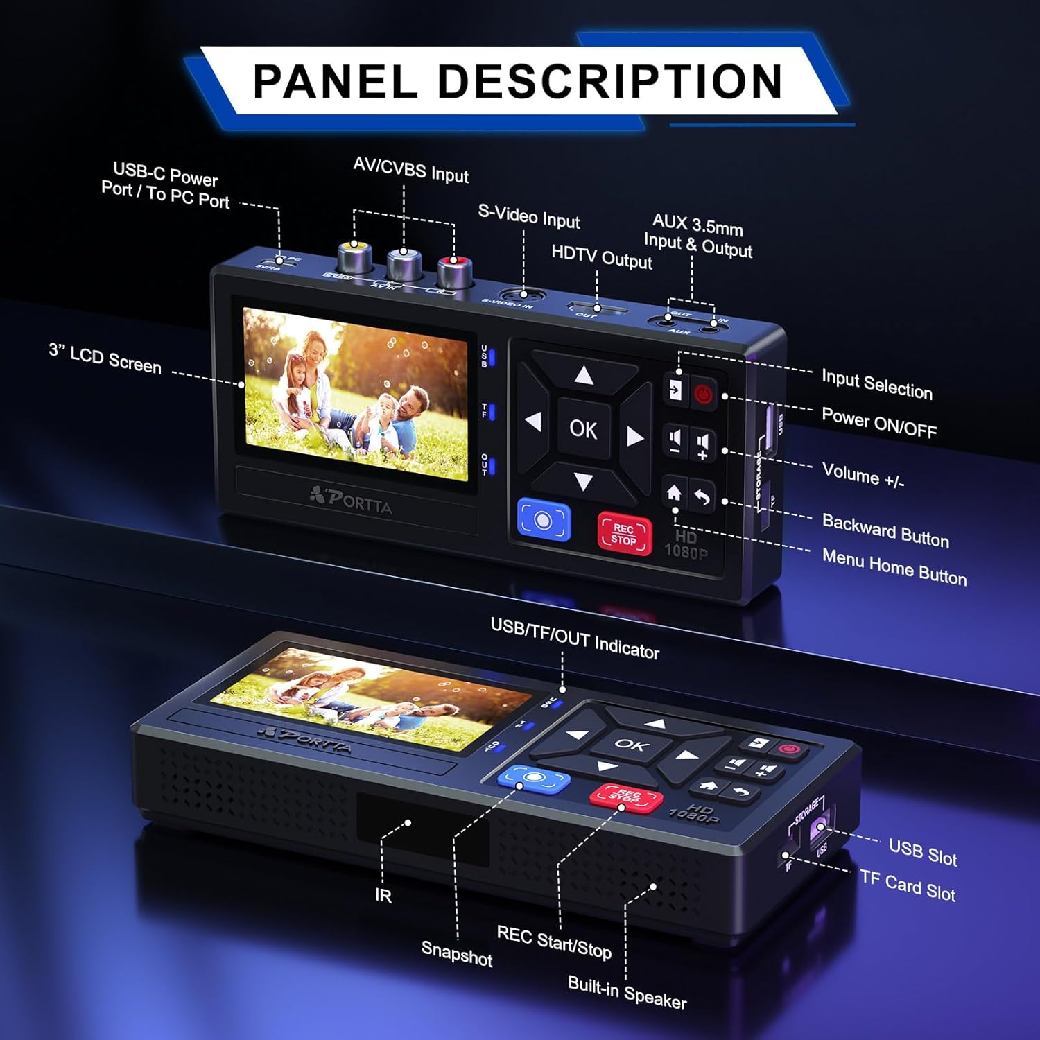Portta VHS to Digital Converter, Video to Digital Recorder with Remote, Compatible with VHS, VCR, DVR, DVD, Hi8, Mini DV, Gaming Consoles (VCR, VHS/DVD Player, Camcorder Required)