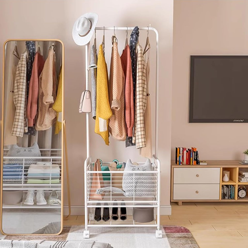 Heavy duty Garment rack Freestanding Metal Coat Rack On Wheel, Heavy Duty Clothing Rack With Storage Basket And Shelves, Space-saving Clothes Organizer For Entryway And Bedroom, White, 62X50X173CM.