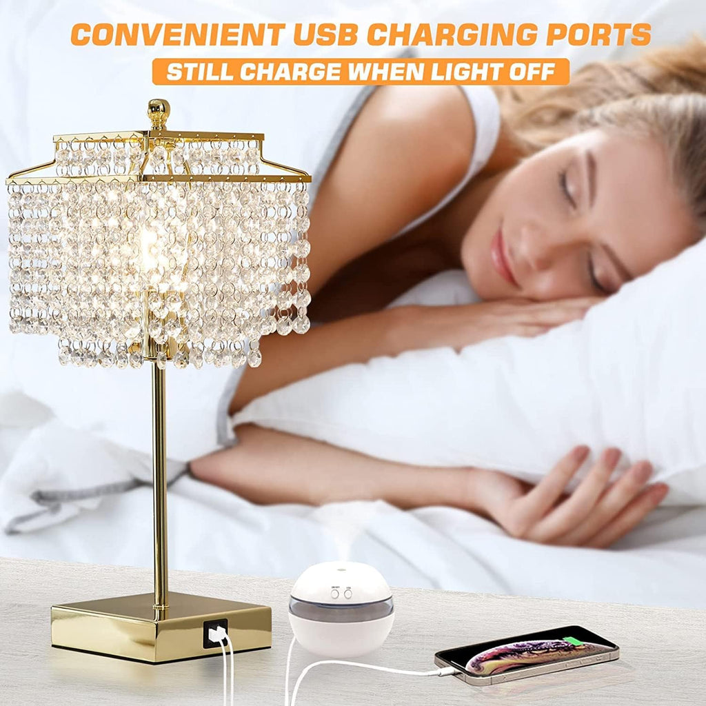 Luvkczc Tables Lamp and Floor Lamp Set, Crystal Table Lamp with USB Ports+Crystal Floor Lamps Set of 2, Morden Lamps for Living Room, Bedroom, Office (Gold)