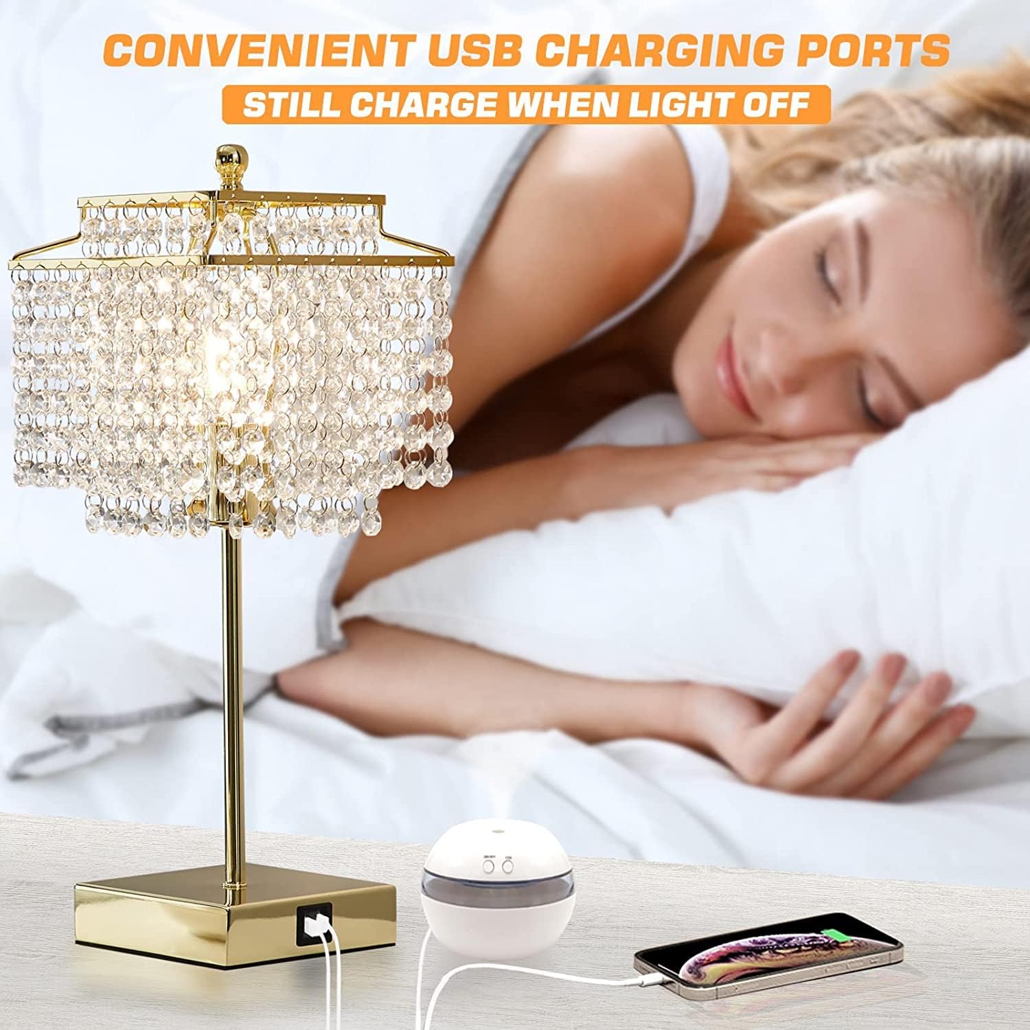 Luvkczc Tables Lamp and Floor Lamp Set, Crystal Table Lamp with USB Ports+Crystal Floor Lamps Set of 2, Morden Lamps for Living Room, Bedroom, Office (Gold)