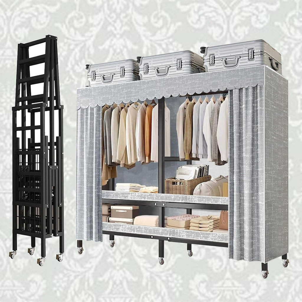 Wardrobe Storage Closet - Heavy Duty Rolling Garment Rack With Cover, Foldable Clothing Rack For Hanging Clothes, Portable Freestanding Closets Wardrobe , Metal Armoires, Max 2000lbs(Size:150*52*180cm