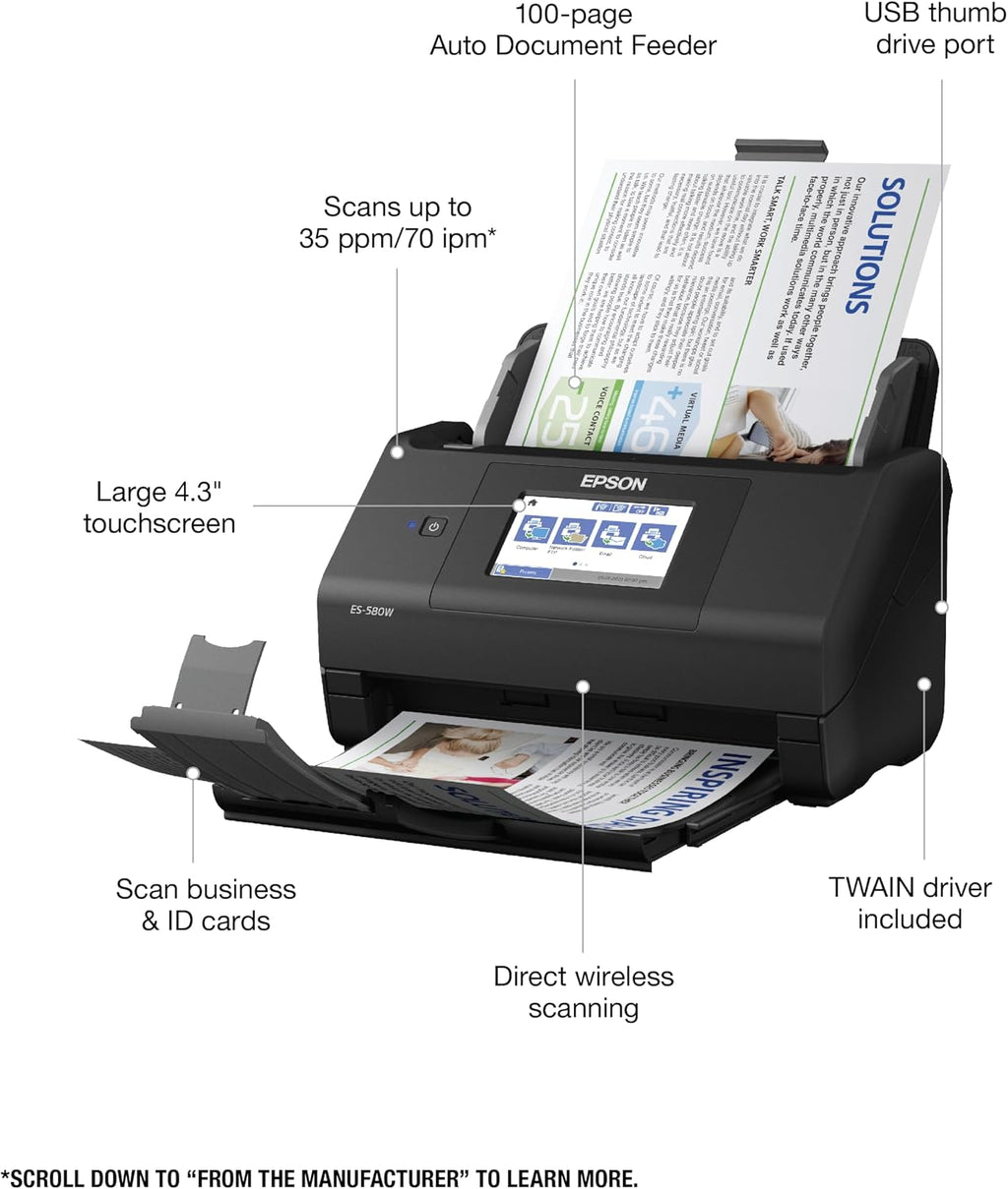 Epson Workforce ES-580W Wireless Color Duplex Desktop Document Scanner for Computers Including PC and Mac with 100 Sheet ADF Auto Feeder and Intuitive 4.3 in Touchscreen, Black