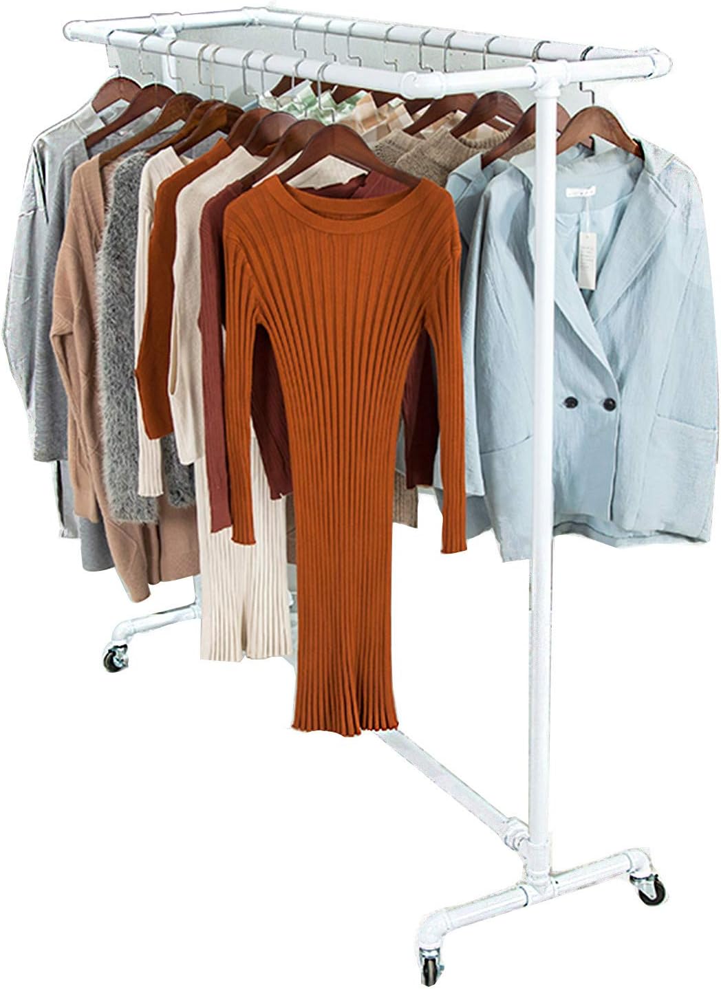 Mlaea Double-Rail Coat Hnager, Minimalism Garment Rack with Wheels for Jackets, Shirts, Quilts, Freestanding Drying Rack for Laundry, Balcony, Clothes Store, 130/150cm(Size:130 * 150CM,Color:White)