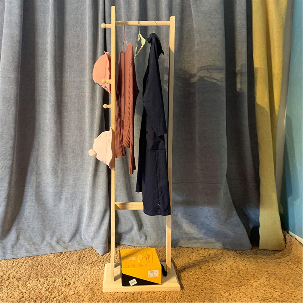 Solid Wood Coat Tree,Single-Rail Garment Rack with 6 Hooks and Bottom Shelf,Freestanding Display Stand for Trench Coats,Dresses,Shirts,for Corner,Living Room,Porch