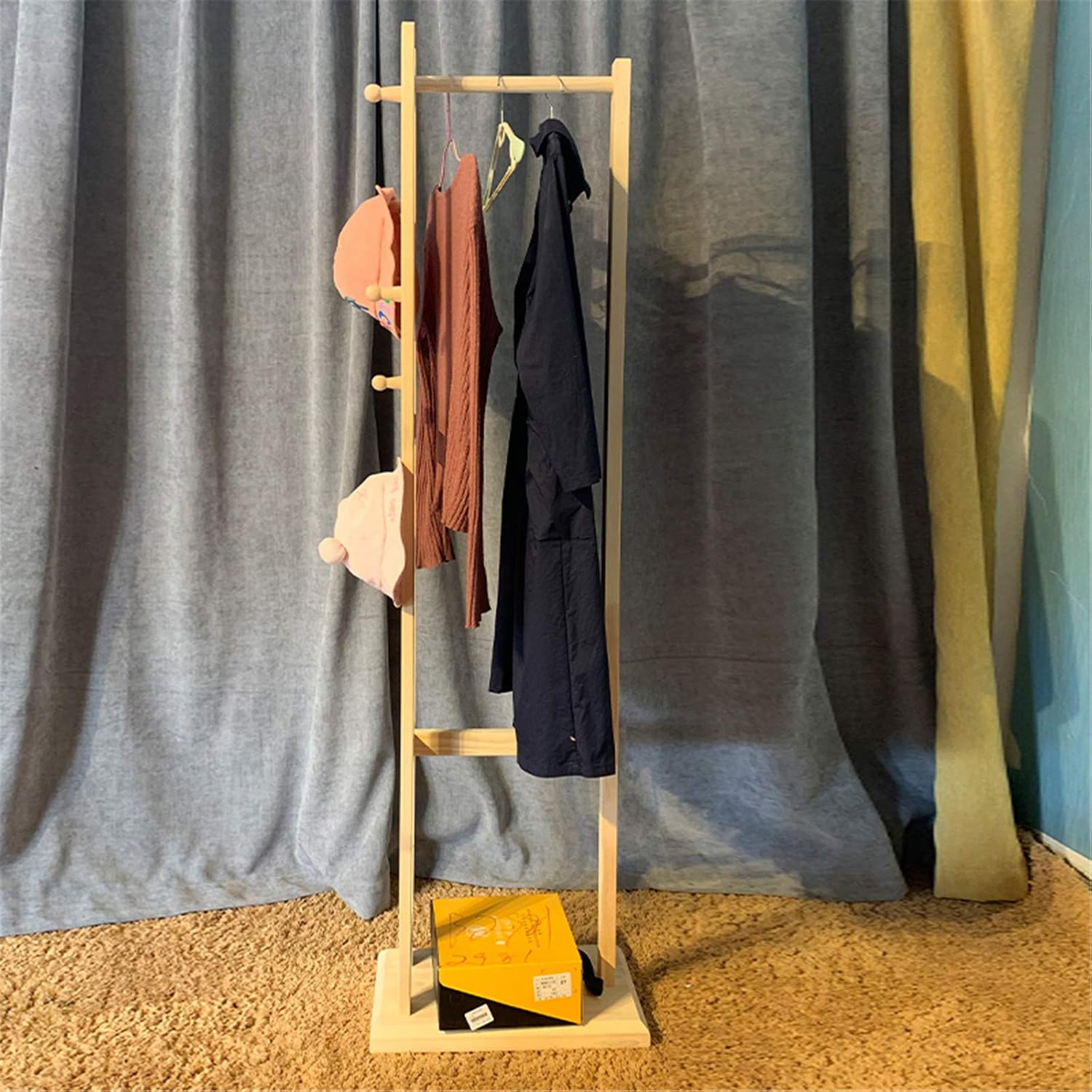 Mlaea Solid Wood Coat Tree, Single-Rail Garment Rack with 6 Hooks and Bottom Shelf, Freestanding Display Stand for Trench Coats, Dresses, Shirts, for Corner, Living Room, Porch(Size:160 * 45 * 26CM)