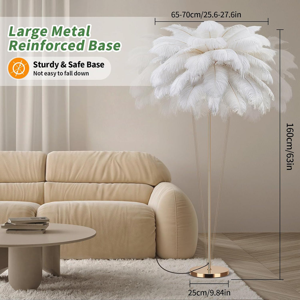 Feather Floor Lamp for Living Room, Fluffy Ostrich Feathers Lamp, Rose Gold Color Body, 3 Color Temperatures Modern Funky Arc Tall Standing Lamp for Bedroom Inclued Bright LED Bulbs (White)