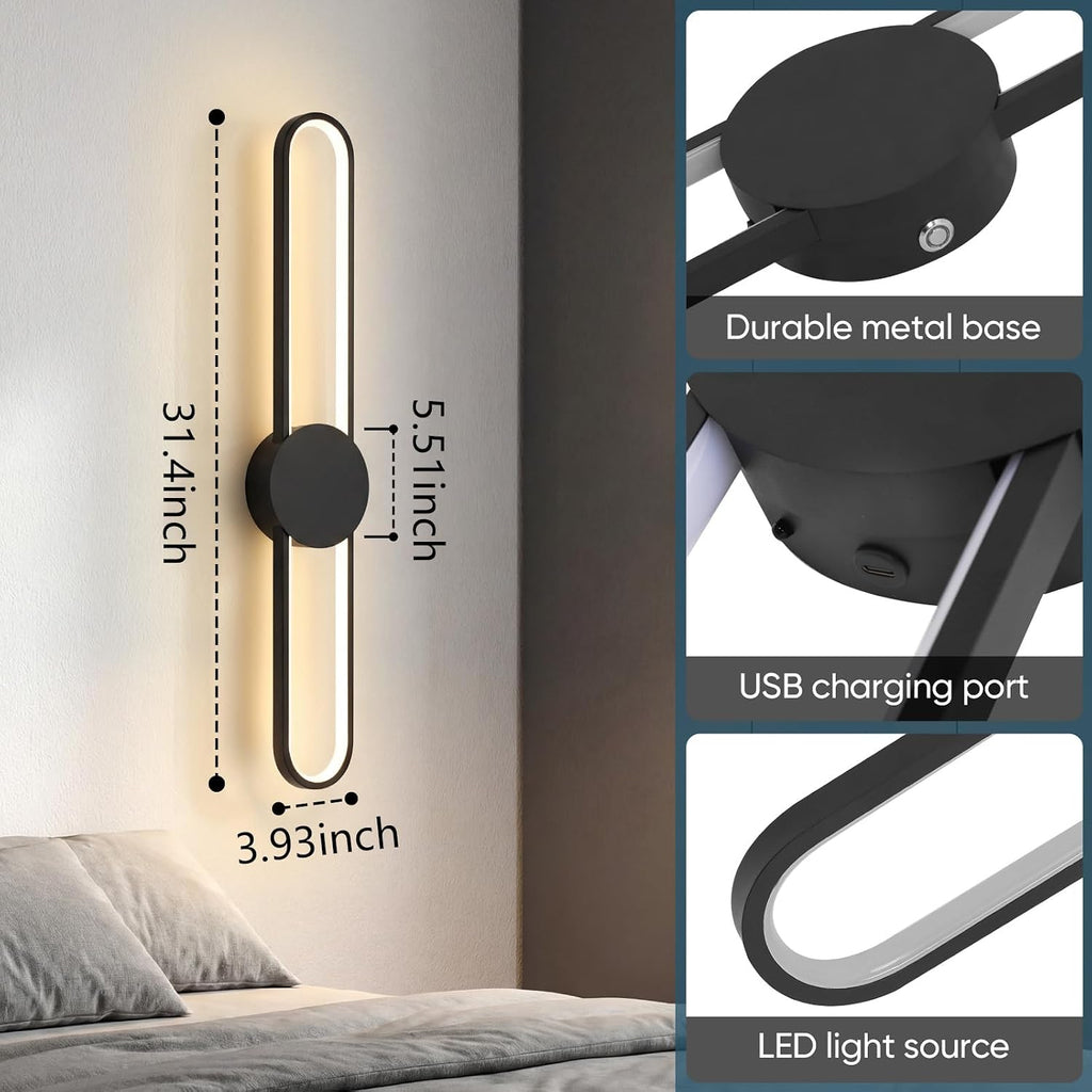 Battery Operated Wall Sconces Set of Two,31.4in Wireless Modern Wall lamps for living room,15000mah Rechargeable LED Wall Lights with Remote,3 Color Dimmable Black Wall Sconce for Bedroom,Hallway.