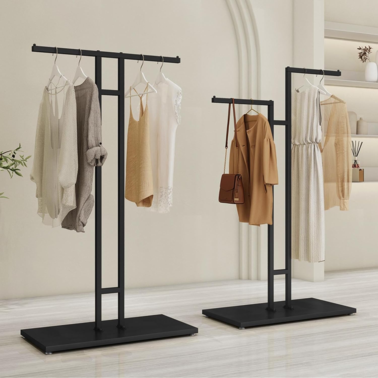 Modern Clothing Rack Freestanding Garment Hanger, Clothing Display Stand for Shops Retail Stores Home Storage, 2-Way Suit Shirt Clothing Rack,Gold-Style 2