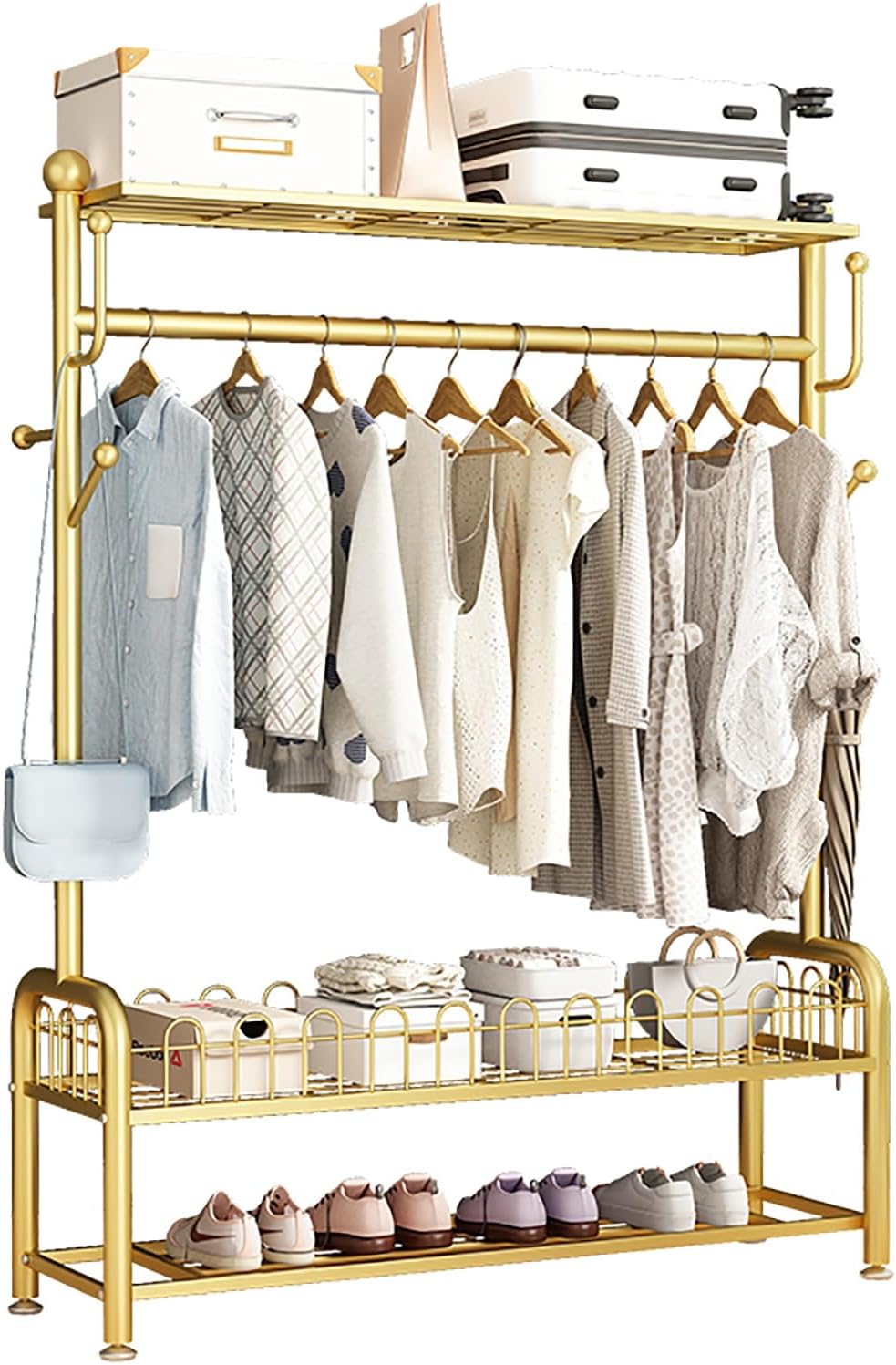 Clothes Rack, Metal Clothing Racks, Mobile Garment Rack With Storage Shelves, Freestanding Clothing Organizer, For Hanging Clothes Coats Skirts Shirts Sweaters(Gold,60cm/23.6in)