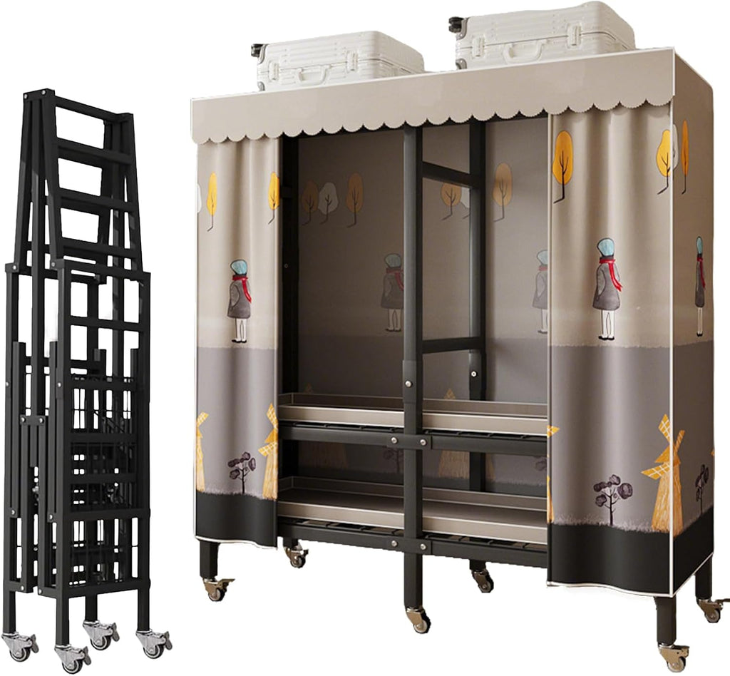 Metal Wardrobe Closet Rack 1500lbs Heavy Duty Foldable Garment Rack with Cover and Wheels Foldable Freestanding Clothes Organizer Enclosed Armoires for Hanging Clothes F 66.9'/170CM (B 49.2)
