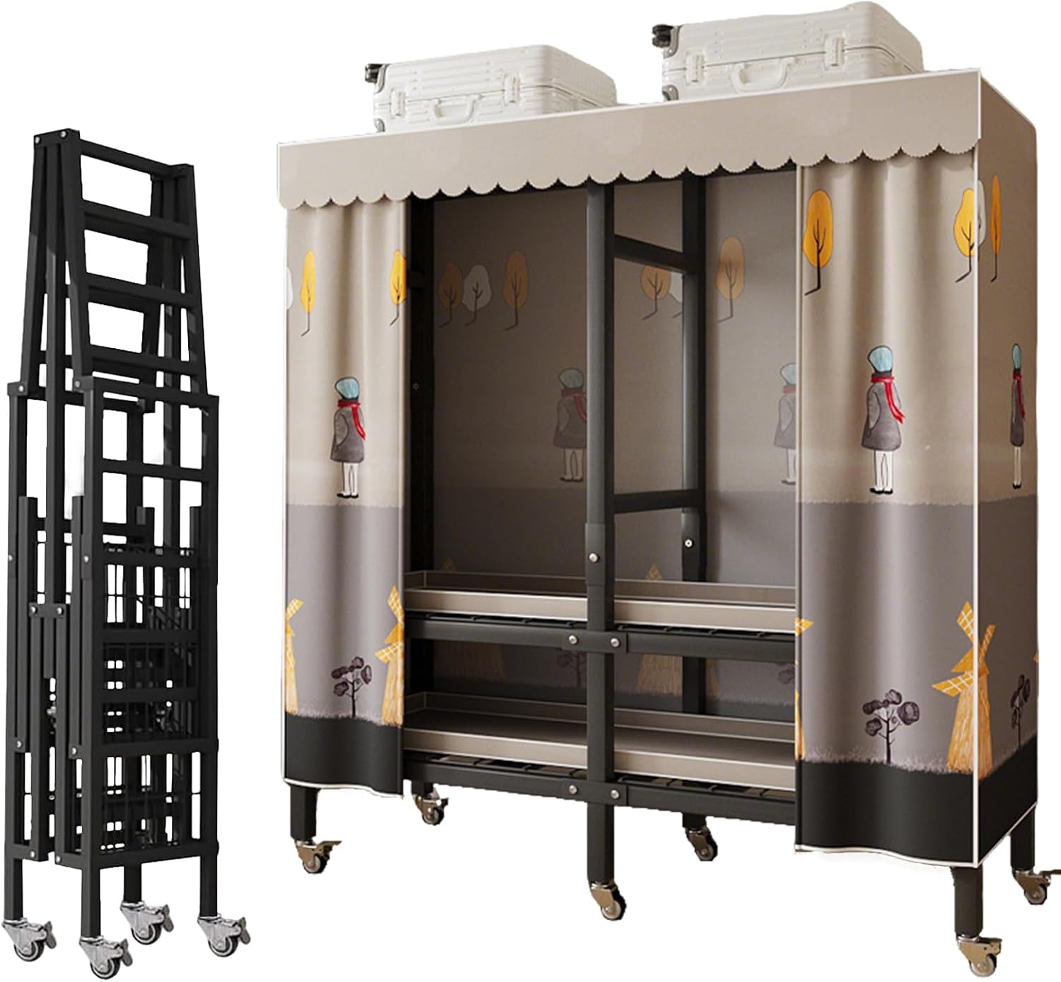 Metal Wardrobe Closet Rack 1500lbs Heavy Duty Foldable Garment Rack with Cover and Wheels Foldable Freestanding Clothes Organizer Enclosed Armoires for Hanging Clothes F 66.9'/170CM (B 49.2)
