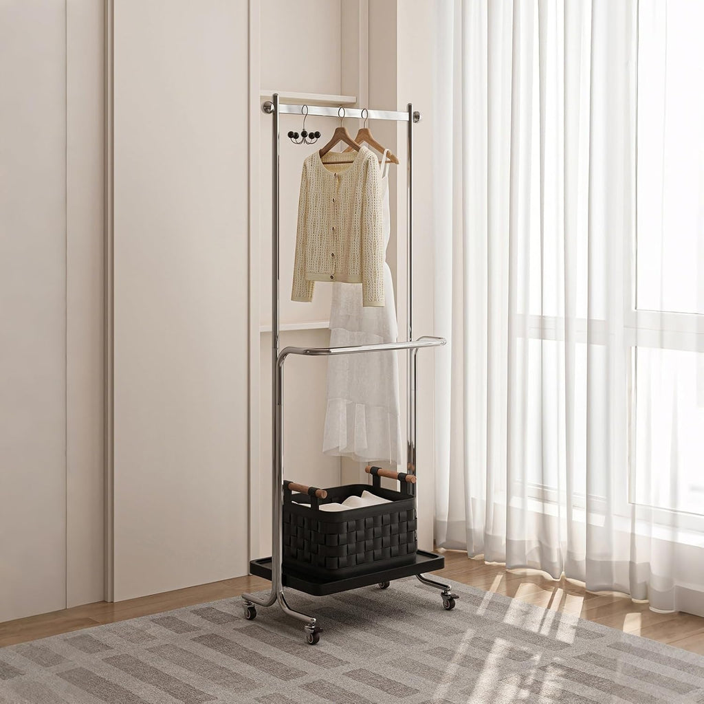 Double-Rod Stainless Steel Garment Rack,Clothes Racks With 4 Wheels,Portable,Solid Wood Shelf At Bottom,Can Hang Coats,Dresses,Shirts,Bags,Scarves(80cm/31.5in)