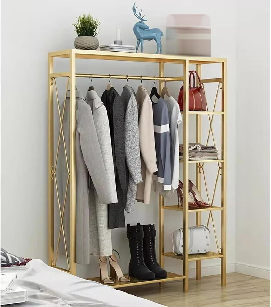 Heavy duty Garment rack Metal Free-Standing Clothing Rack, Portable Clothes Storage Organizer For Bedroom And Laundry Room, Space Saving Coat Rack With 6 Tier Shelves And Hanging (Gold 90X30X155CM)