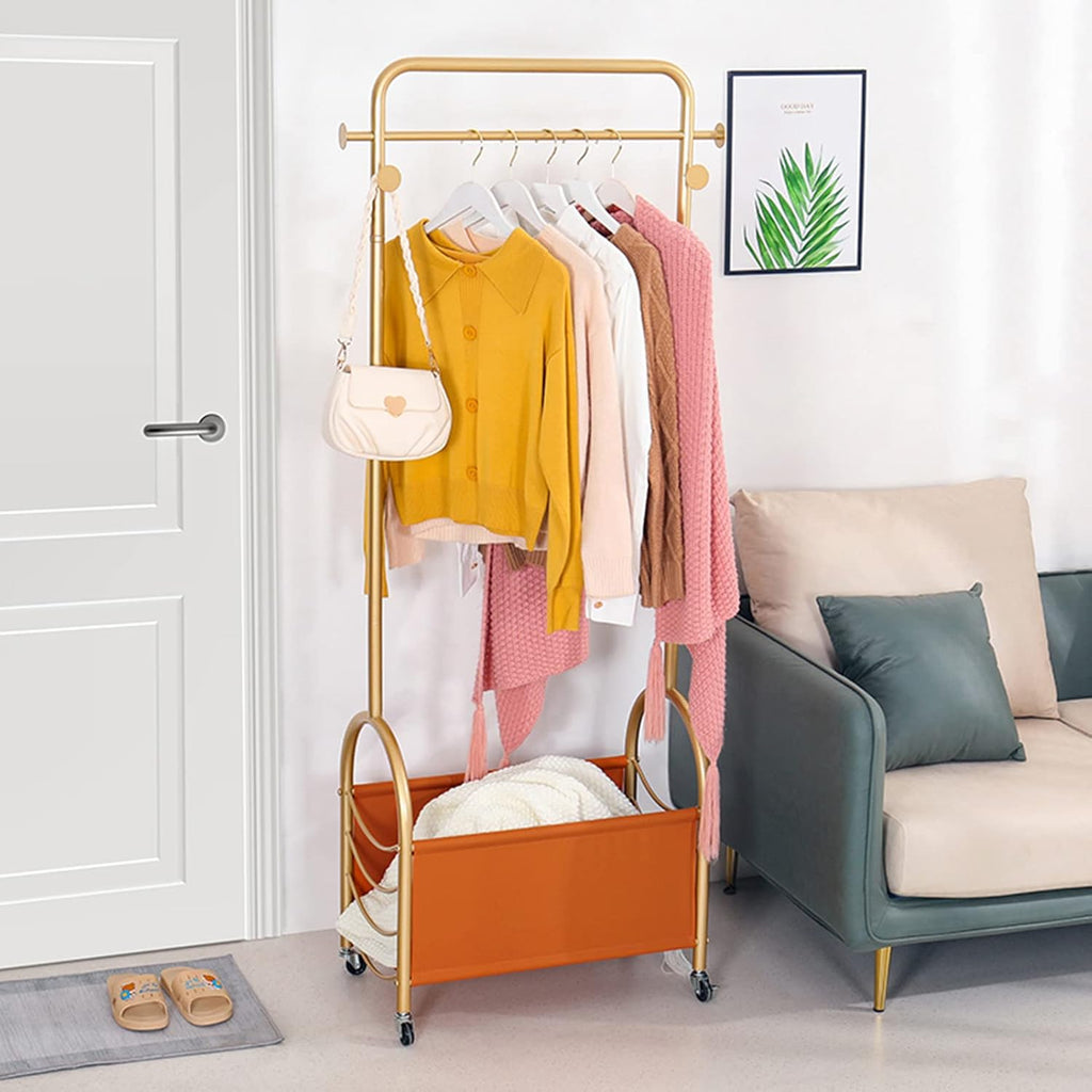 Heavy duty Garment rack Gold Metal Clothing Rack For Hanging Clothes With 7 Hooks, Freestanding Rolling Coat Rack With PU Storage Basket, Clothes Organizer Storage On Wheels For Laundry Hallway Bedro