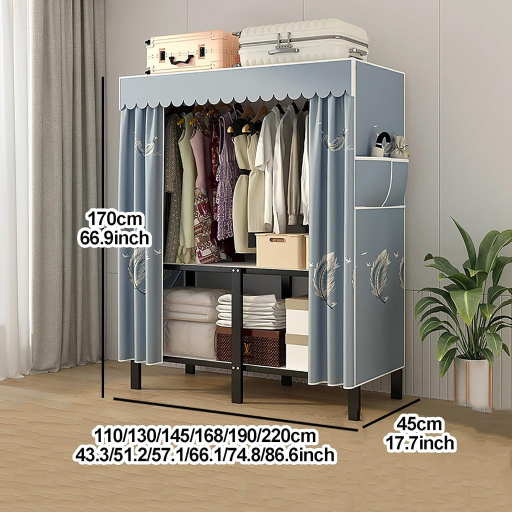 Heavy Duty Portable Closet With Cover, Wardrobe Closet, Foldable Covered Clothes Rack For Hanging, Garment Rack With Cover, Freestanding Storage(Blue2,130cm/51.2inch)