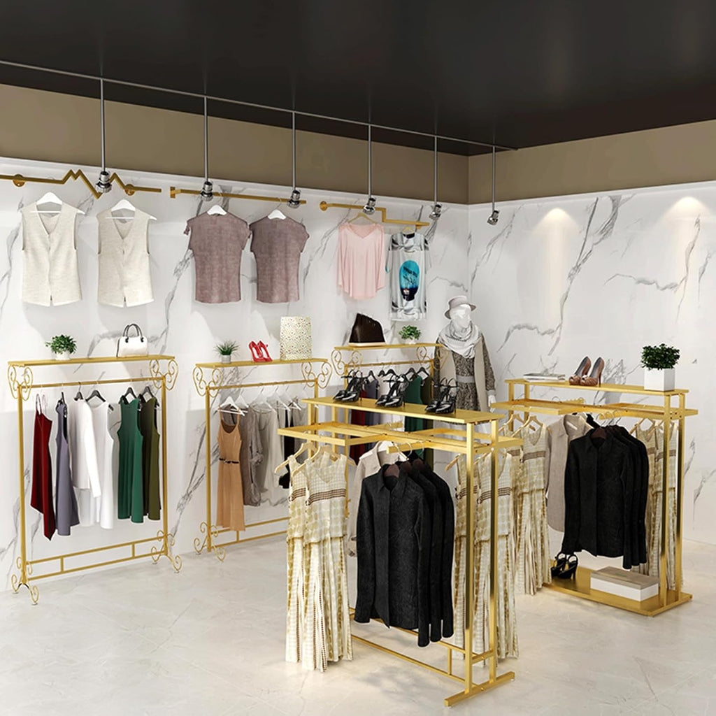 Heavy Duty Pipe Clothes Rack, Clothing Display Stand for Boutiques/Retail Shops/Home Storage, Clothing Store Modern Garment Rack with Shelf, Free Standing Metal Garment Rack Suit Shirt display stand