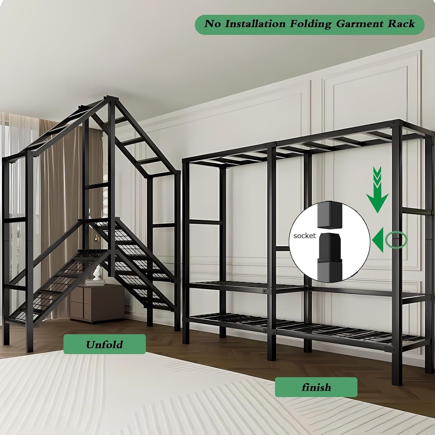 Large Foldable Clothing Rack With Cover Heavy Duty Metal Clothes Racks On Wheels Loads 2000LBS Covered Portable Wardrobe Closet For Hanging Clothes Freestanding Garment Rack For Bedroom(203cm/80in)