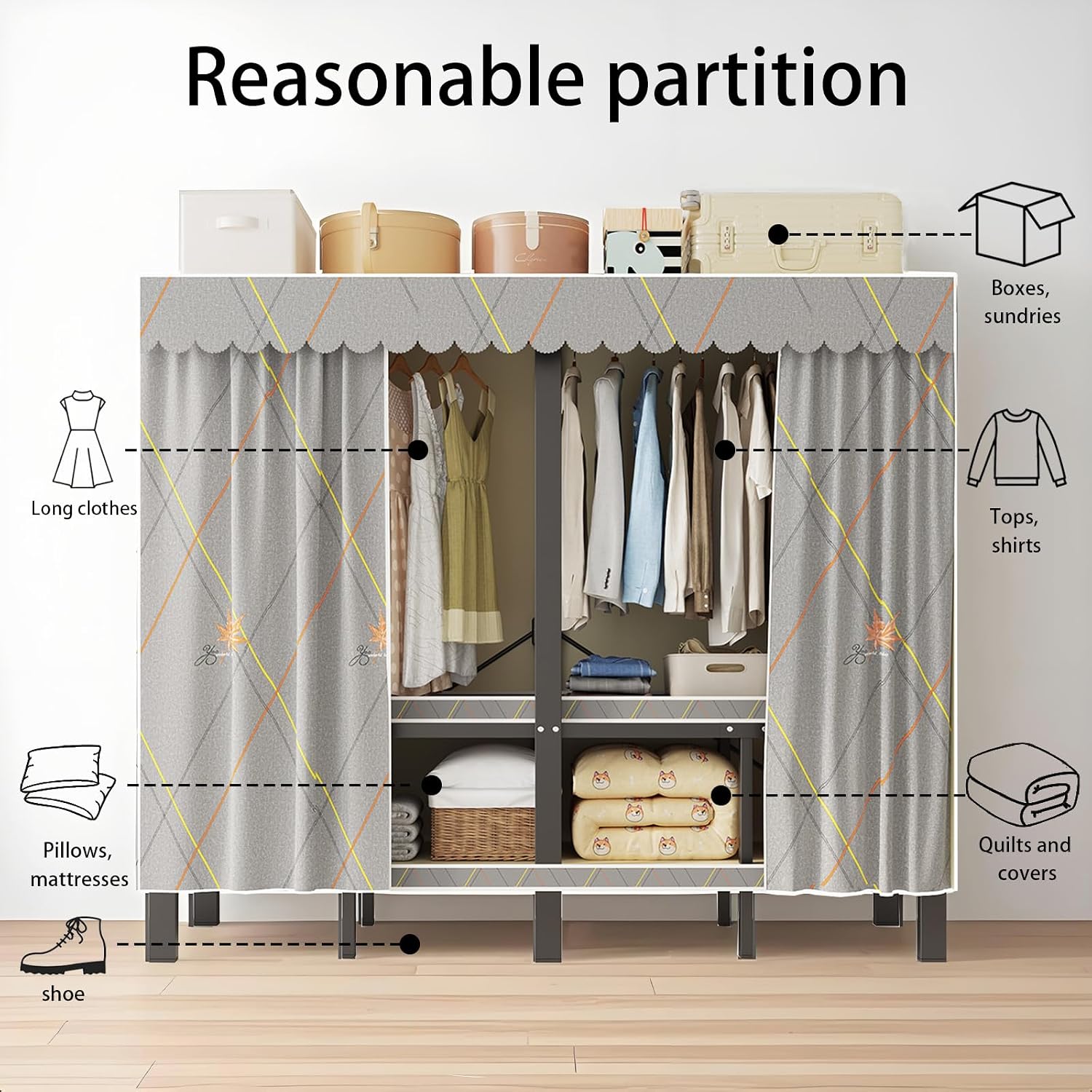 Portable Wardrobe Closet, Heavy Duty Clothing Rack for Hanging Clothes, Metal Clothes Rack with Cover and Hanging Rods, Freestanding Wardrobe Armoire Load 1000 LBS (Zipper style 59 inches/150cm)