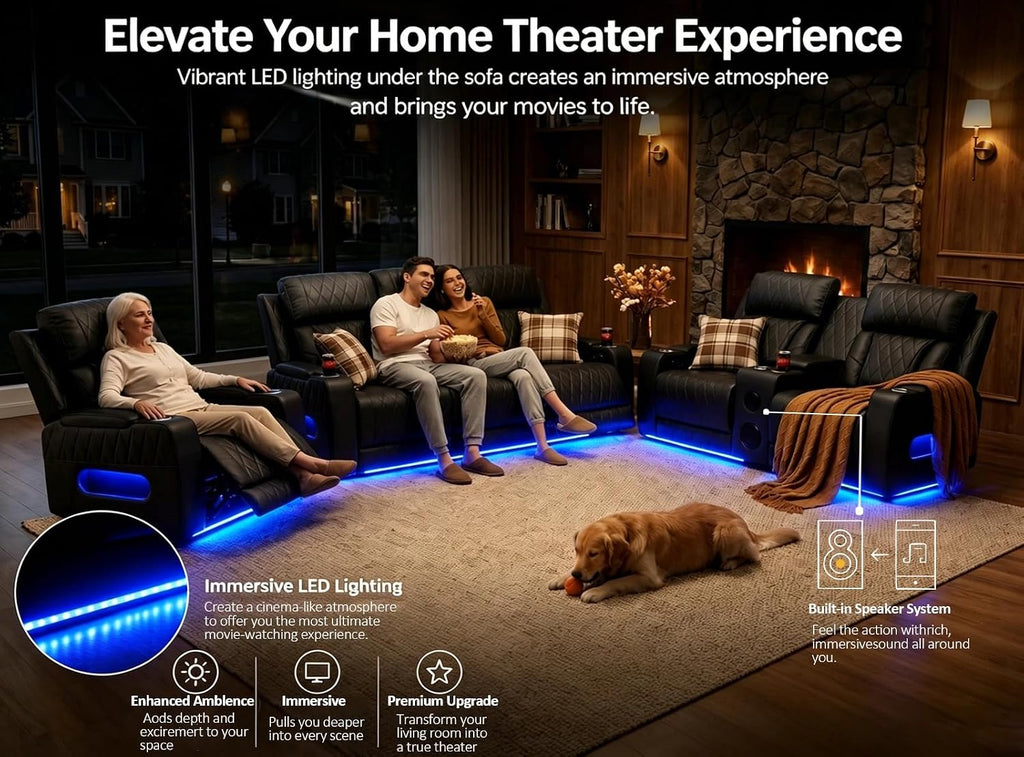 Air Leather Power Reclining Sofa Set with Speakers, LED Ambient Light, USB Charging Ports & Storage Storage, Electric Recliner Couches for Living Room Home Theater Apartment