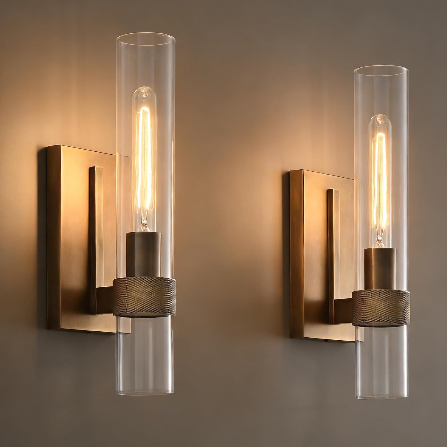 Brass Wall Sconces Set of 2, Vintage Wall Light Fixture with Clear Glass Shade, Luxury Hardwired Retro Wall Sconce for Bathroom Vanity, Living Room, Bedroom, Hallway Tube Indoor Sconce no Bulbs