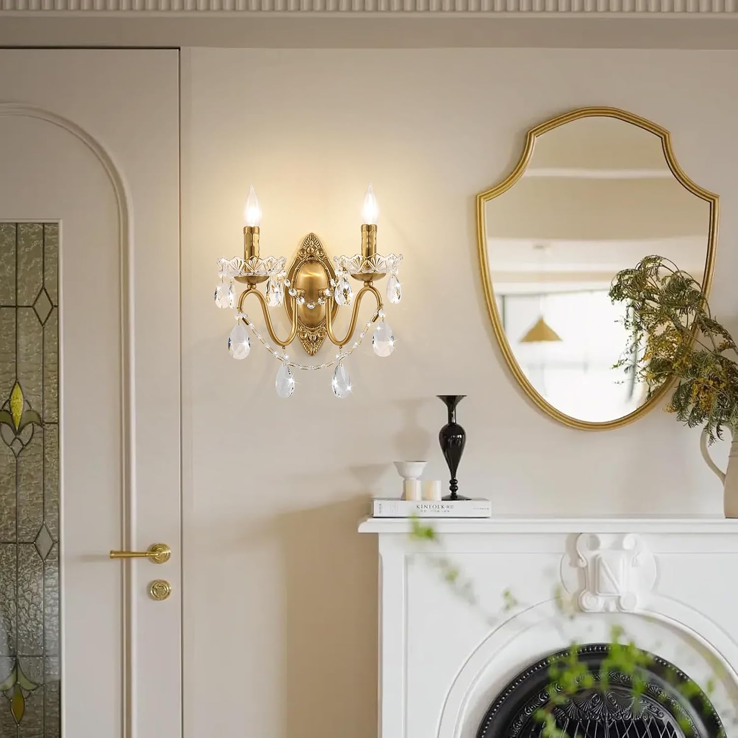 Crystal Wall Sconce Set of 2, Crystal wall sconces, Vintage wall sconces, Gold Brass Finish with Glass Drops, for Bedroom Living Room Bathroom Vanity Mirror Light Fixtures