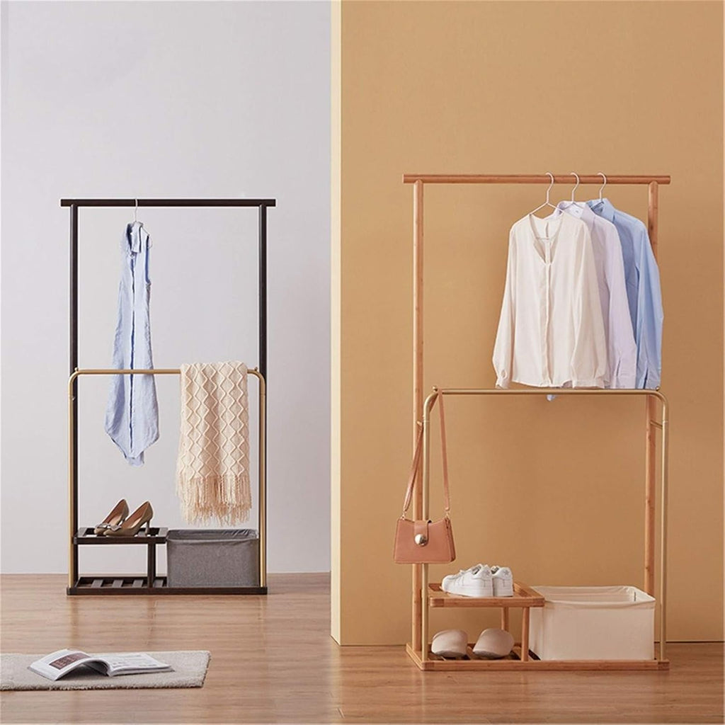 Senior Coat Rack, Stylish Coat Pipe Shelf with Fabric Storage Basket and 2 Shelves, Freestanding Garment Rack for Bathrobes, Towels, Sheets, Shirts, Scarves, Handbags(Size:153.5*88.6CM,Color:A)