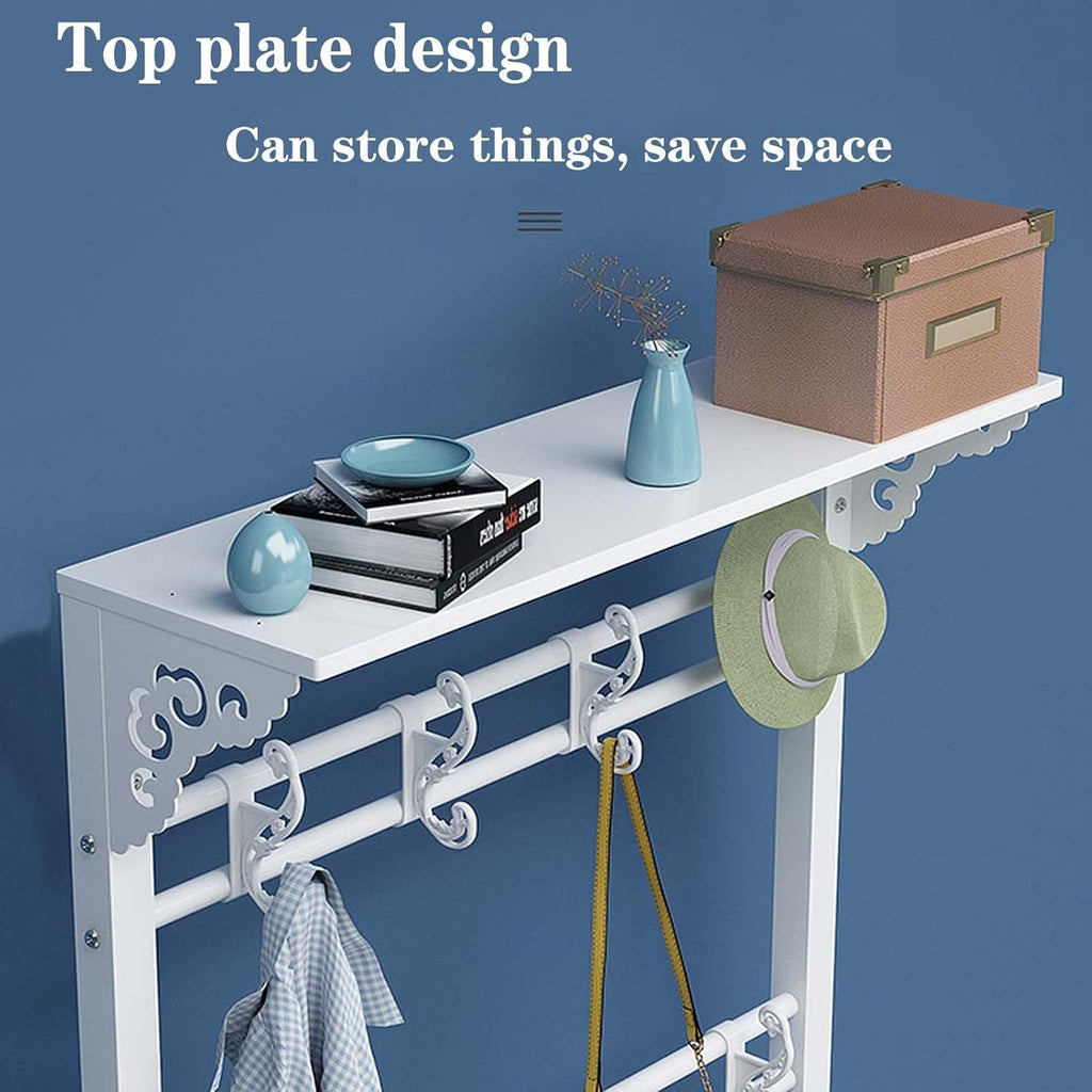 Generic Exquisite Clothes Rail Rack Freestanding Garment Rack with 8 Hooks Coat Rack with Shoe Shelf Bench Industrial Hat Handbag Hanger for Narrow Hallway and Bedroom (Color : White grey, Size : 80