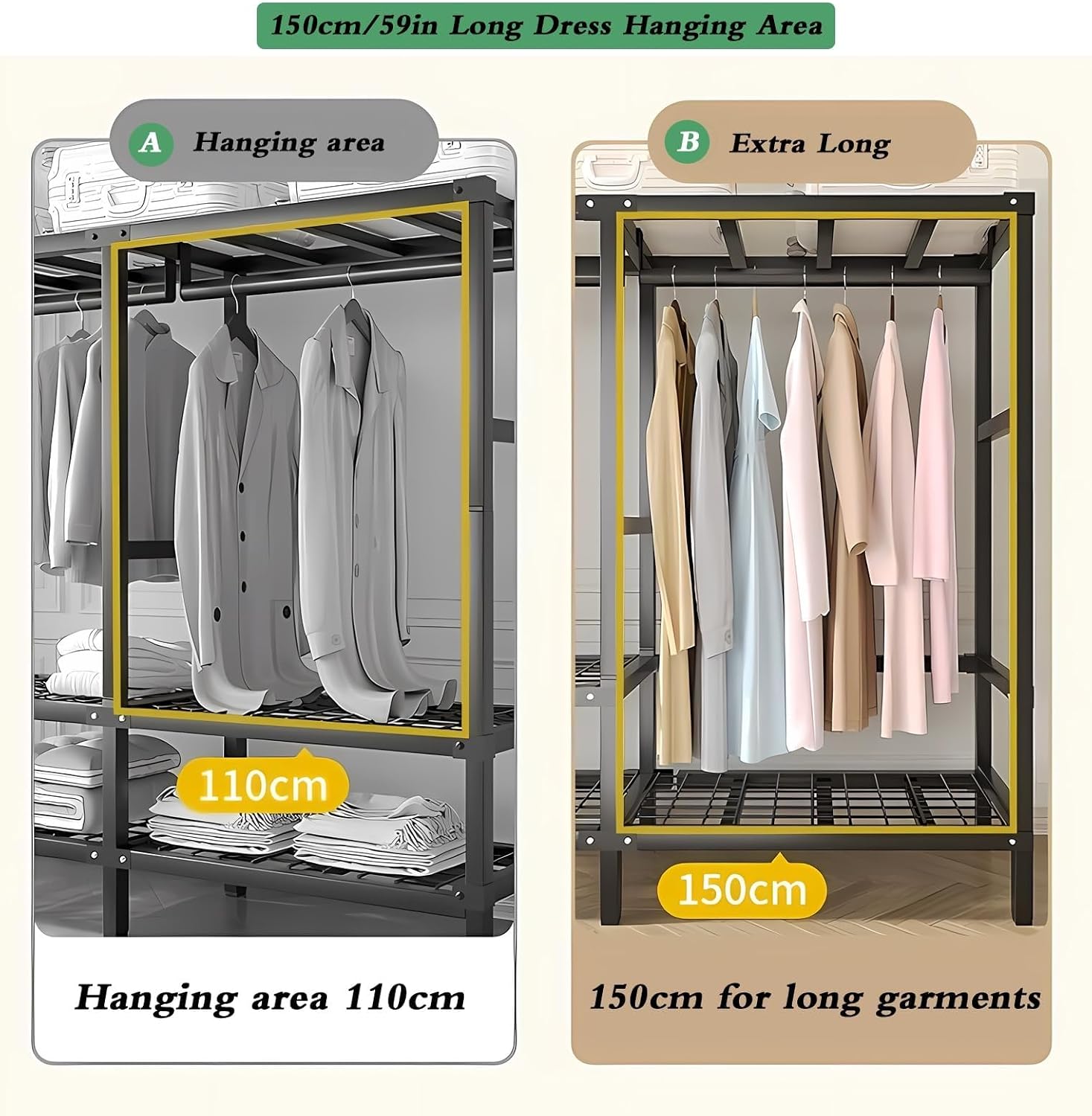 Large Foldable Clothing Rack With Cover Heavy Duty Metal Clothes Racks On Wheels Loads 2000LBS Covered Portable Wardrobe Closet For Hanging Clothes Freestanding Garment Rack For Bedroom(150cm/59in)