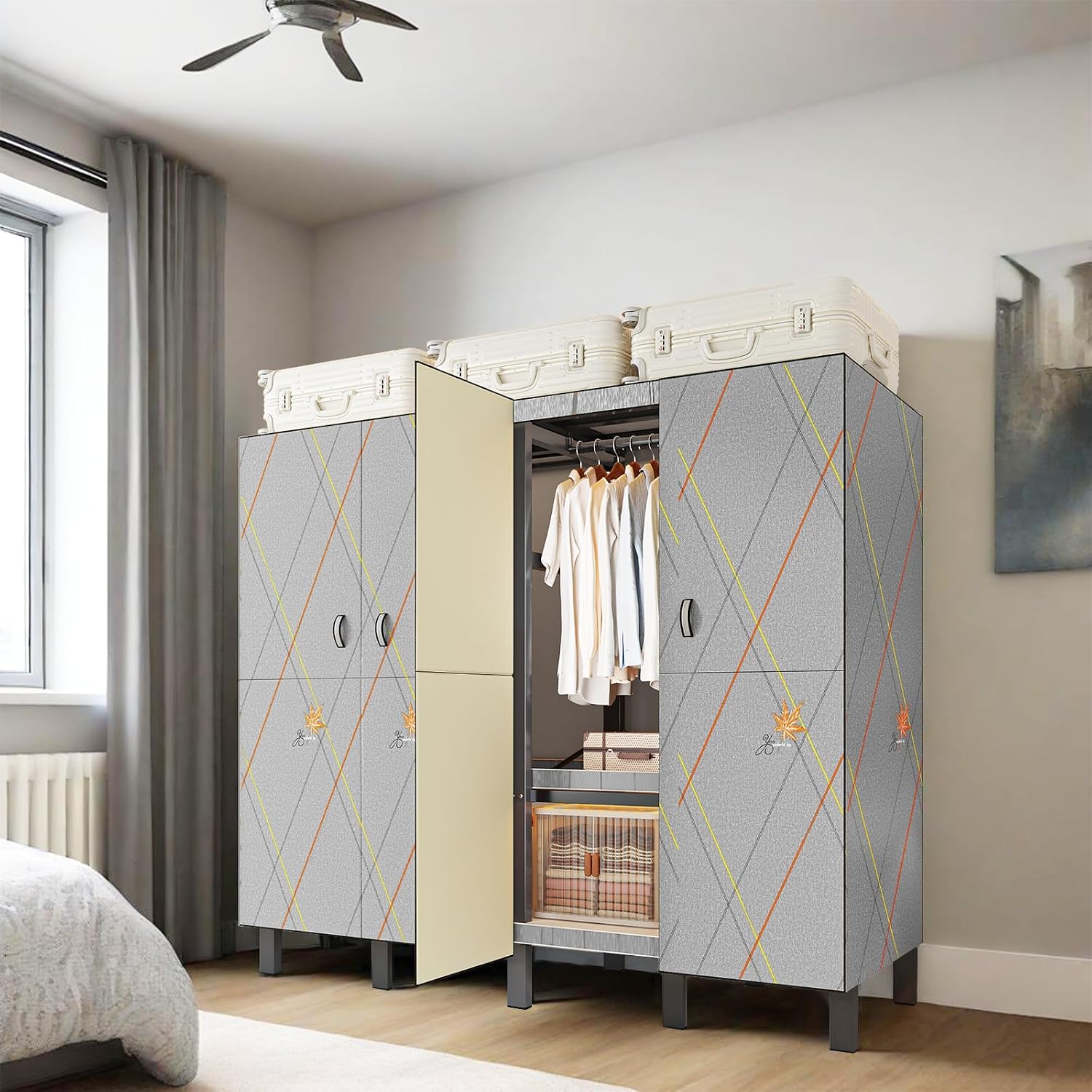 Portable Wardrobe Closet, Heavy Duty Clothing Rack for Hanging Clothes, Metal Clothes Rack with Cover and Hanging Rods, Freestanding Wardrobe Armoire Load 1000 LBS (Door Style 70 inches/180cm)