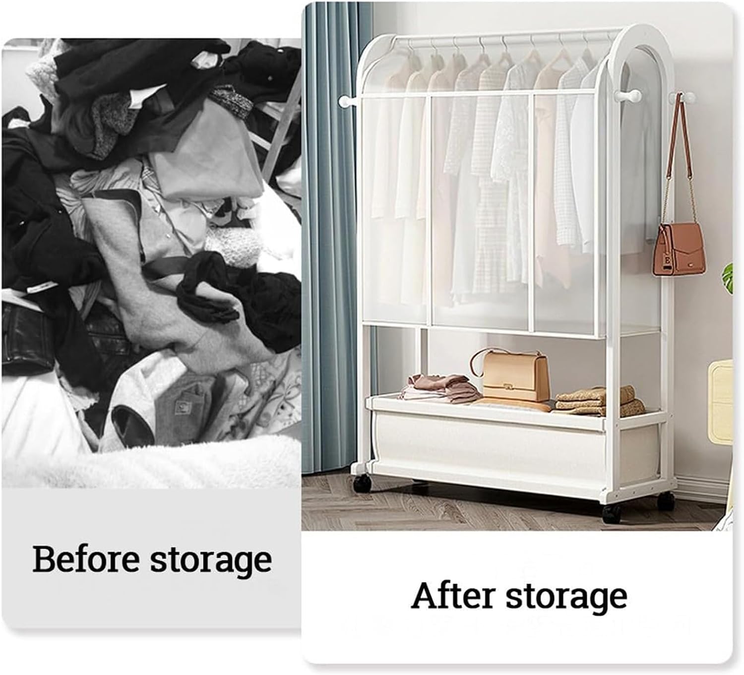 Bamboo Clothes Rails, Garment Rack On Wheels, Free Standing Garment Hanging Rails，with 1 Storage Bag with Dust Cover，for Dress, Pants, Shoes, for Bedroom Home Office(B,(70X32X165CM))