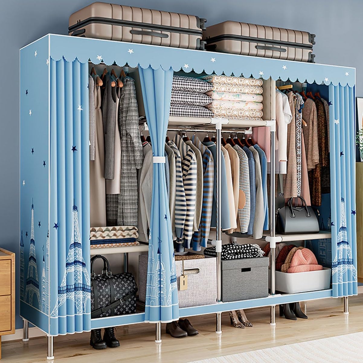 Free Standing Heavy Duty Wardrobe Closet for Bedroom 3 Tiers Garment Racks with Cover Metal Large Clothing Rack for Hanging Clothes (Color : Blue-1, Size : 245x45x172cm)