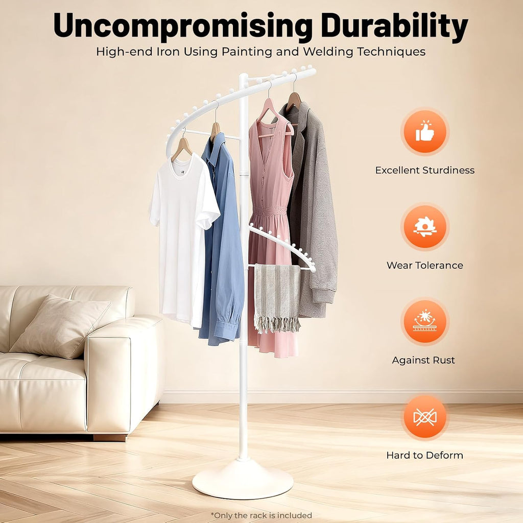 Spiral Rotating Clothing Rack, 360° Spiral Retail Round Garment Rack with 38 Ball, 71inch Freestanding Metal Hanging Clothing Display Stand for Bedroom Living Rooms Stores, White