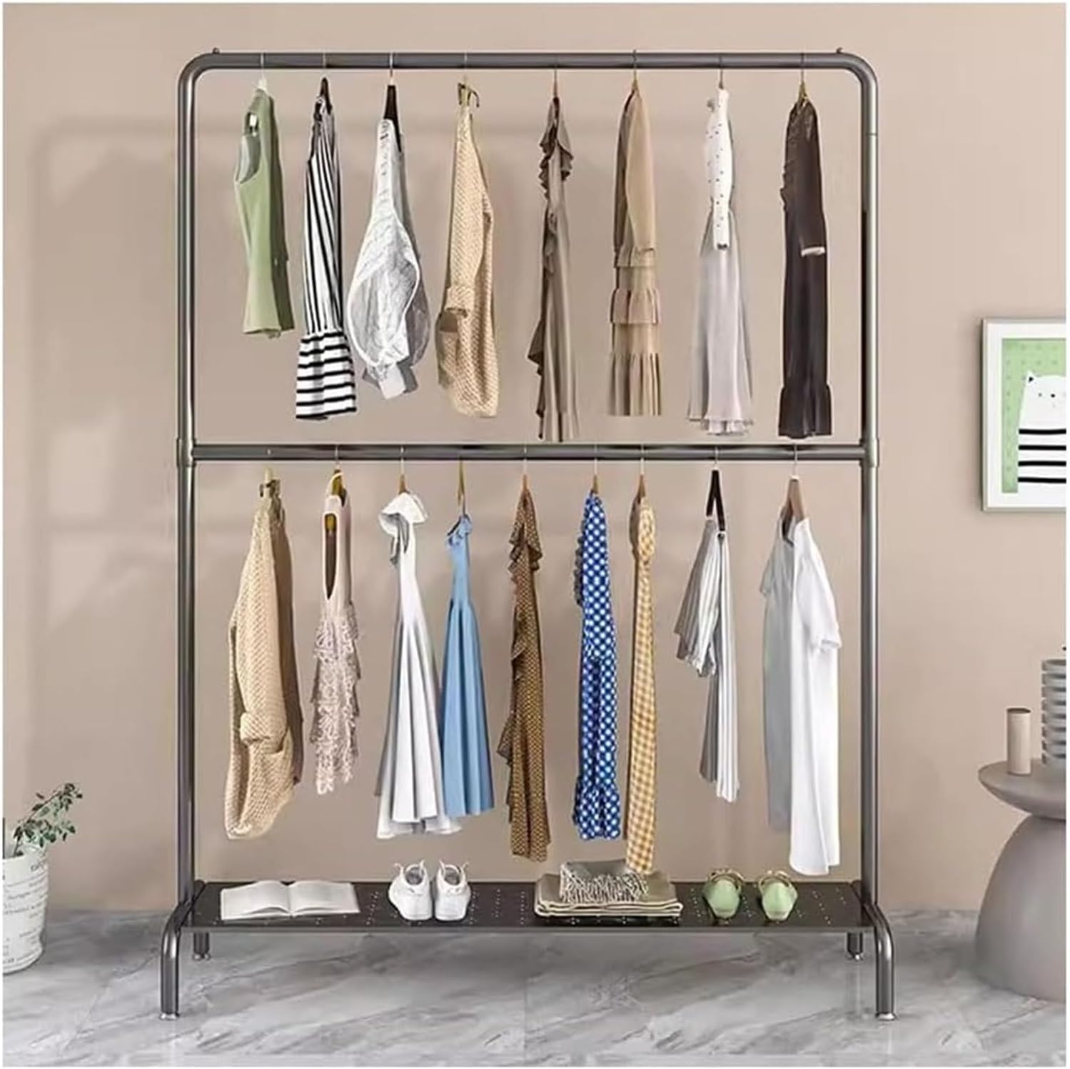 Heavy Duty Clothes Garment Rack, Freestanding Double Rod Clothing Hanger Stand with Storage Display Shelf for Hanging Clothes Boutique Store(Black,100x160cm)