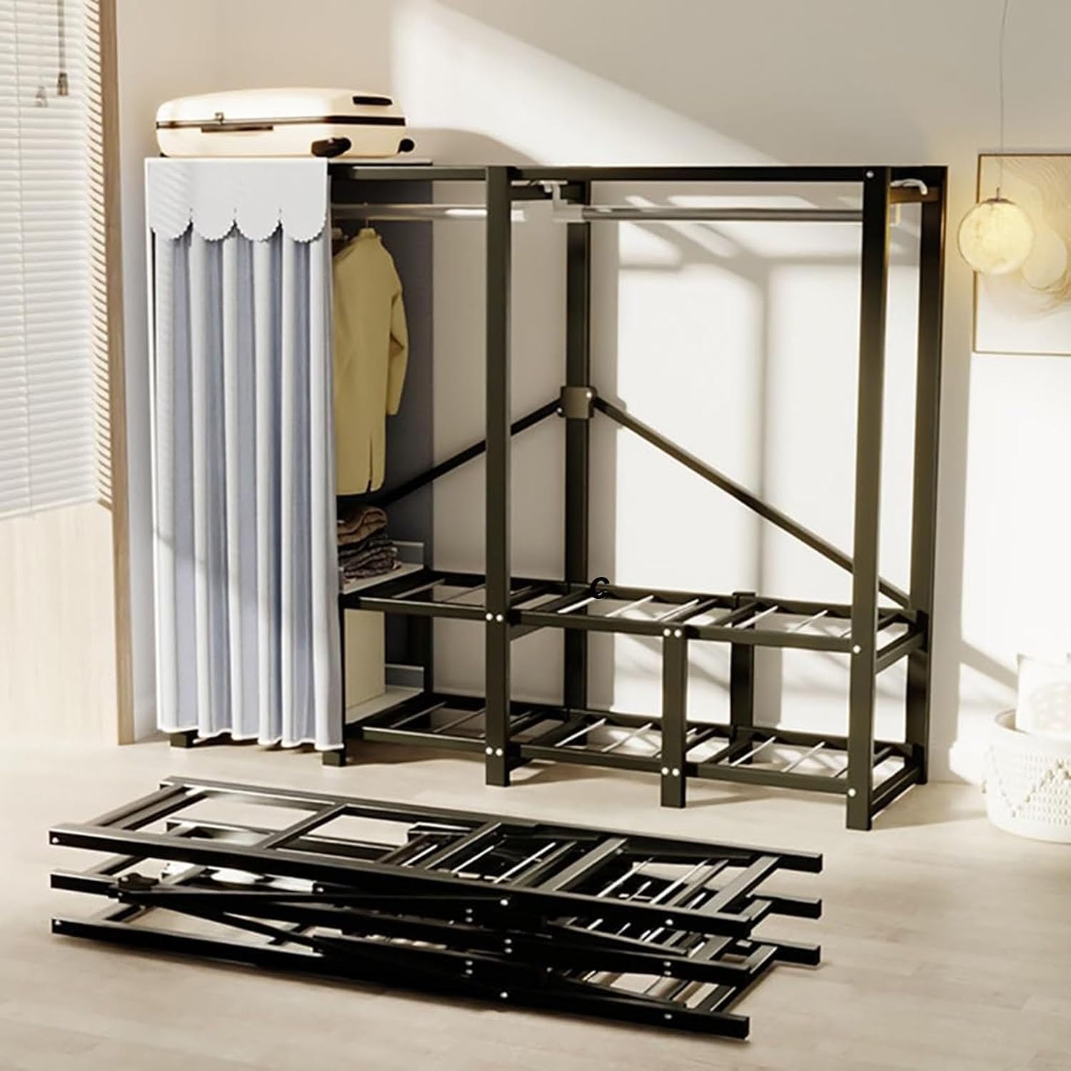 Portable Closet, Heavy Duty Covered Clothes Rack Portable Wardrobe Closet, Wire Garment Rack Black Metal Clothing Rack with Grey Cover, Clothes Storage Organizer for Extra Sturdy(76.8inch/195cmx19.7in