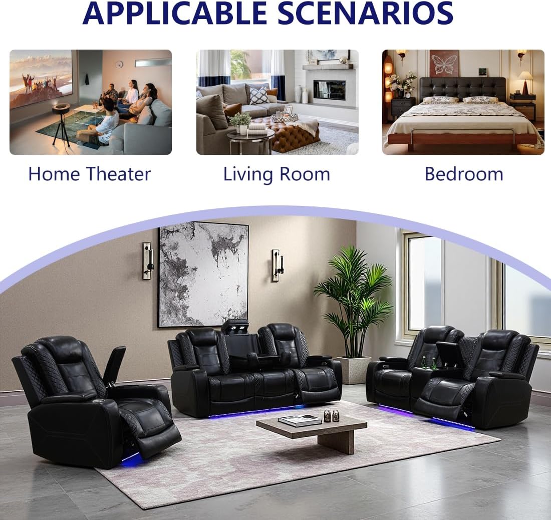 Leather Power Recliner Sofa Set, Living Room Furniture Sets, 2 Piece Reclining Sofa Set with LED, Black Recliner Furniture with Arm Storage/Cup Holders/Charging Ports for Home Theater/Office